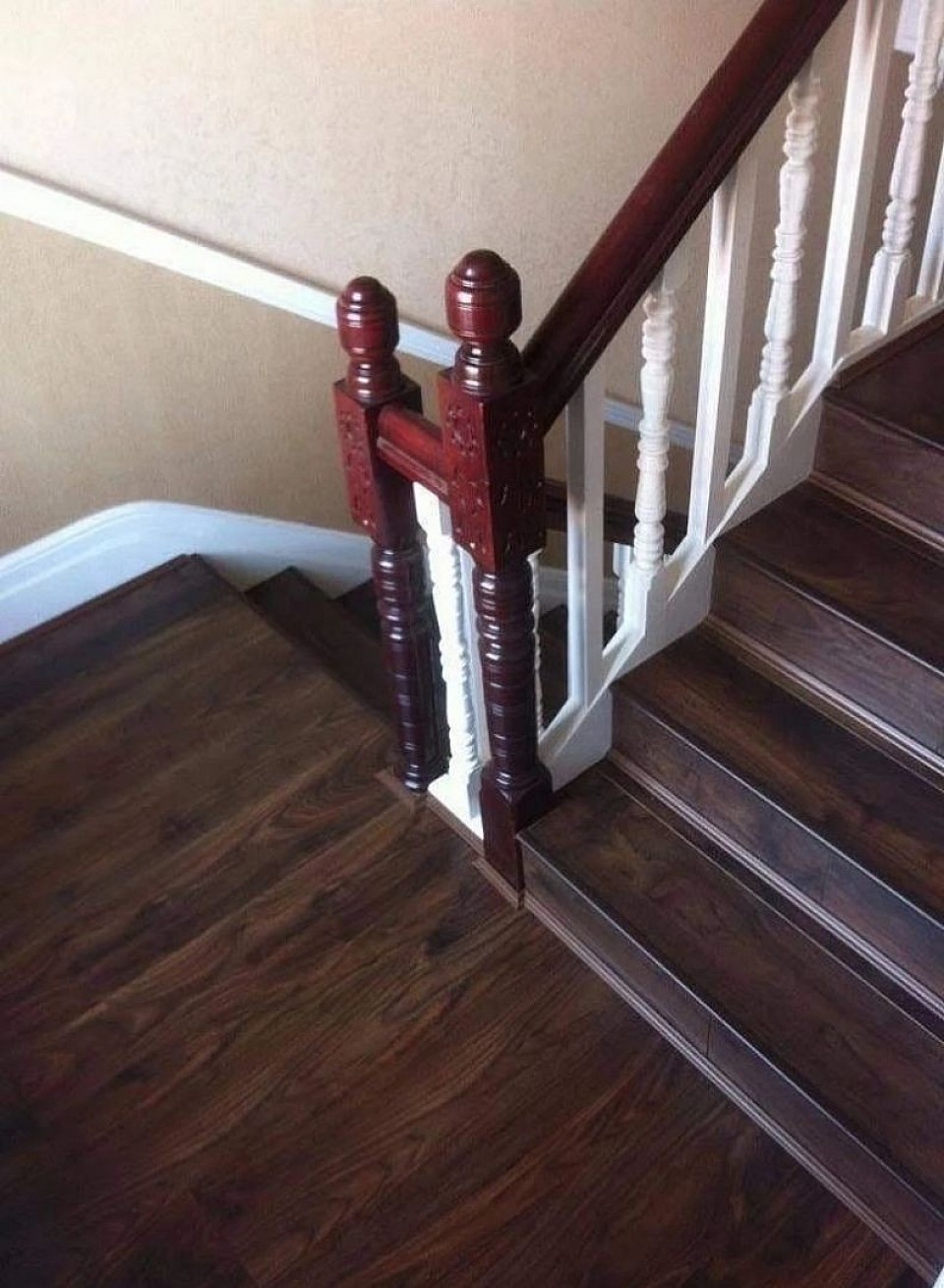 Laminate flooring on stairs & half landing beautiful walnut Balterio flooring
